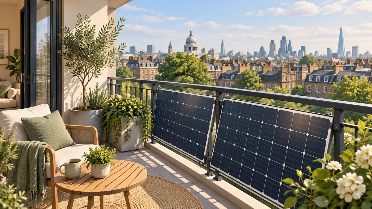 Solar panels secured on an apartment balcony above a British city street.