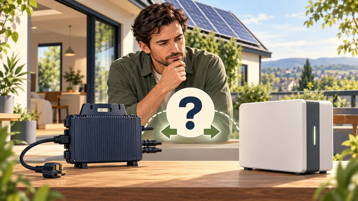 A homeowner checking compatibility between a plug-in solar inverter and a battery.