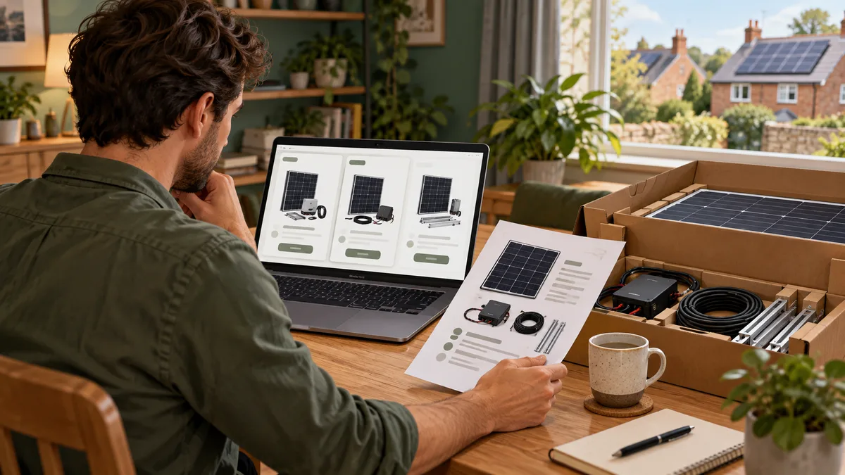 A shopper reviewing a solar kit listing, product sheet and delivery box.