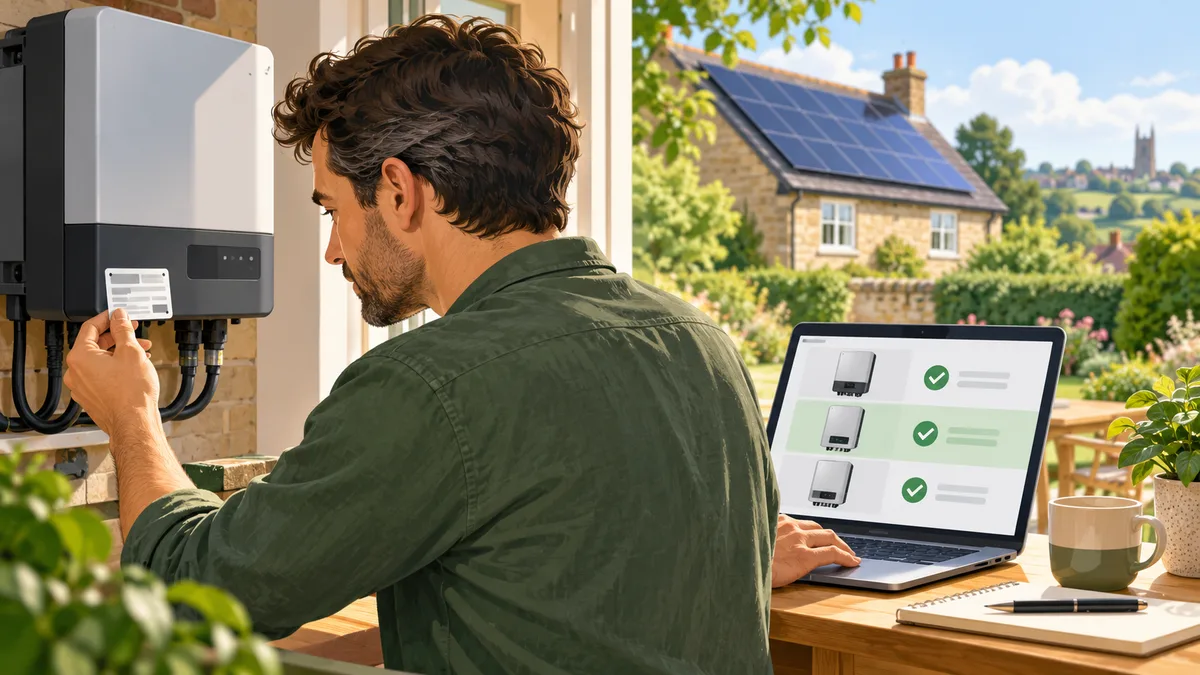 A homeowner comparing a solar inverter model label with an online register.