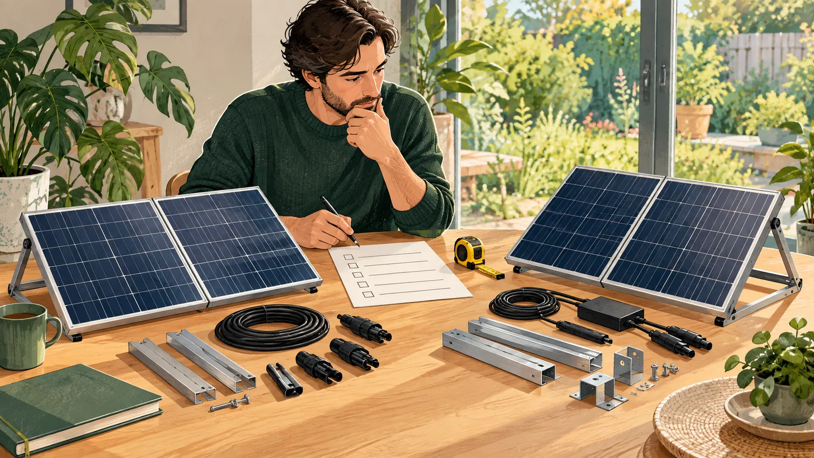 A homeowner checks two generic solar panel kits and their mounting parts side by side.