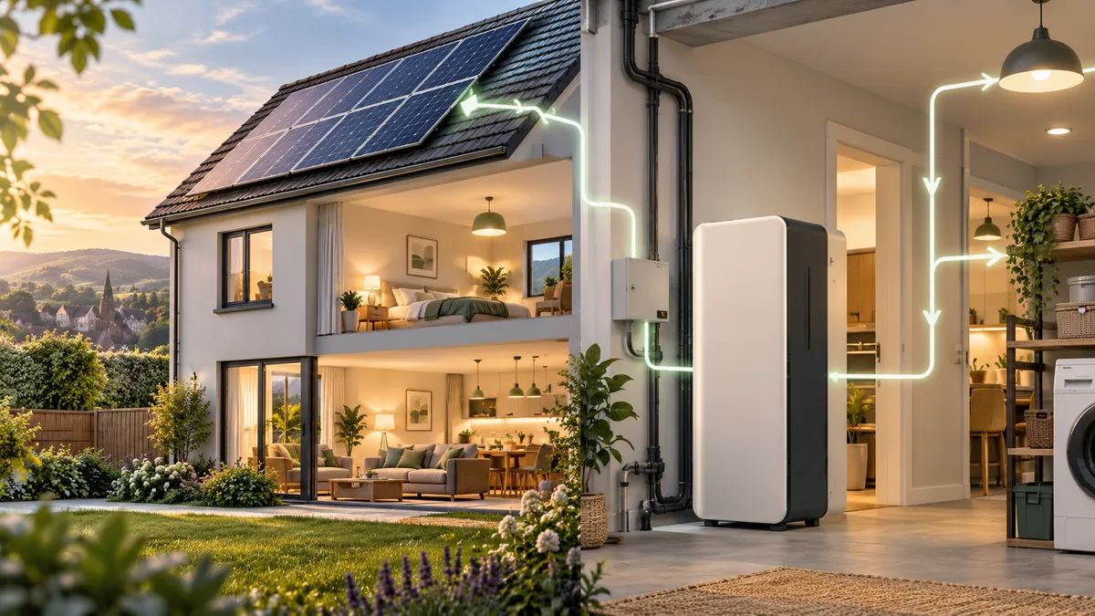 A home battery connected to rooftop solar in a British utility room.