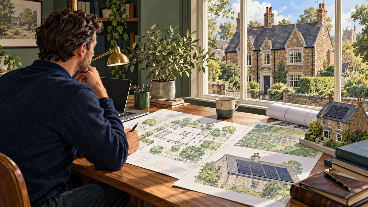 A homeowner reviewing a house plan and solar roof sketch.