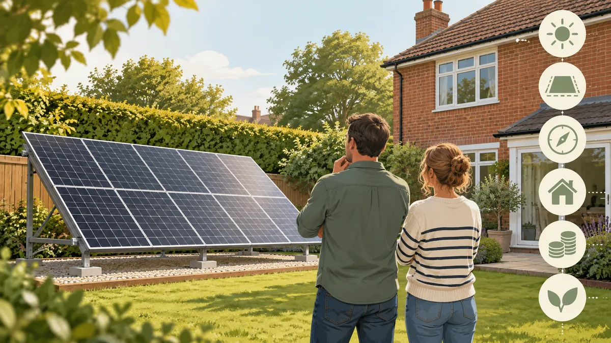 A couple assessing a ground-mounted solar array beside their British home.