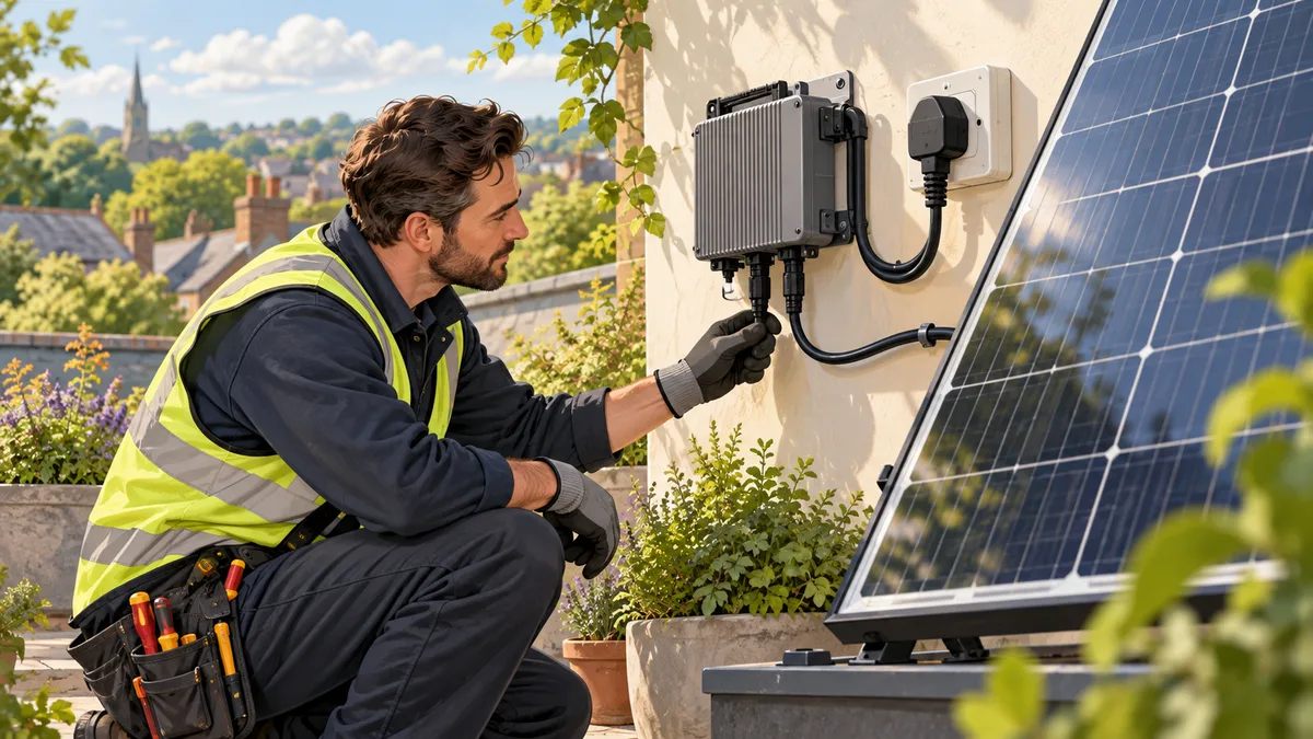 An electrician inspecting an intact solar microinverter plug and cable.