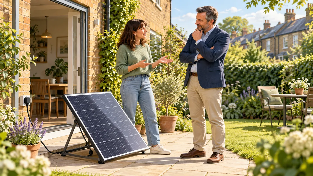 A renter and landlord discussing a removable garden solar panel.