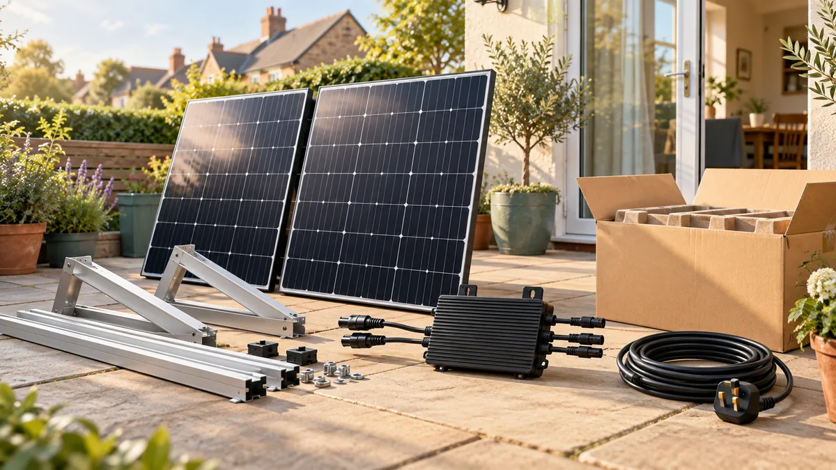 A solar kit with panels, microinverter, mounting frame, cable and delivery box.