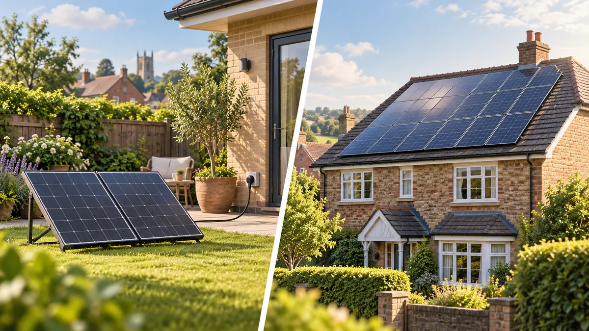 Compact garden solar compared with a larger rooftop solar array.