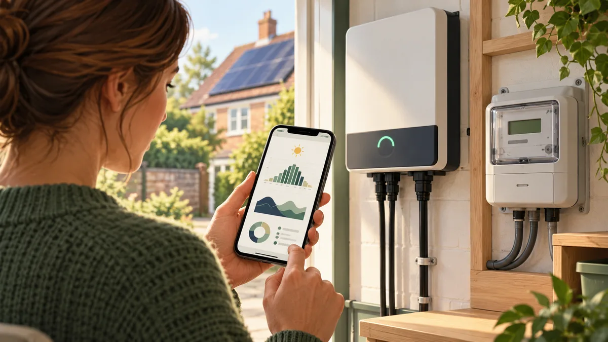 A homeowner checking solar generation data on a phone beside a meter.