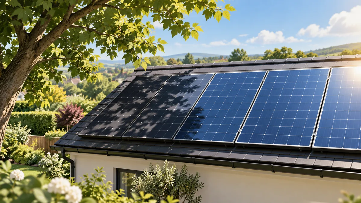 Part of a garden solar array in tree shade beside panels in full daylight.