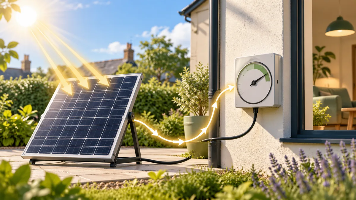 A compact solar panel shown with an electricity meter and energy flow.