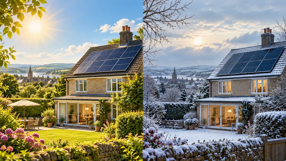 A UK solar home shown in summer sunshine and winter daylight.