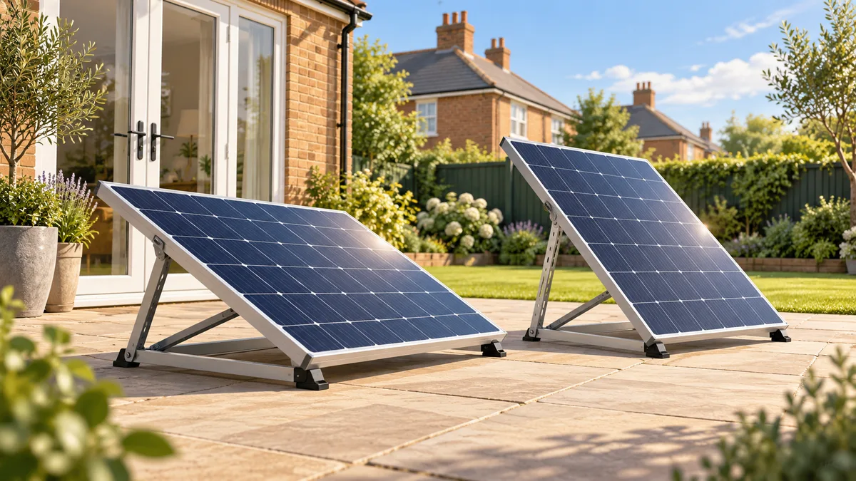 Two garden solar frames shown at different safe tilt angles.