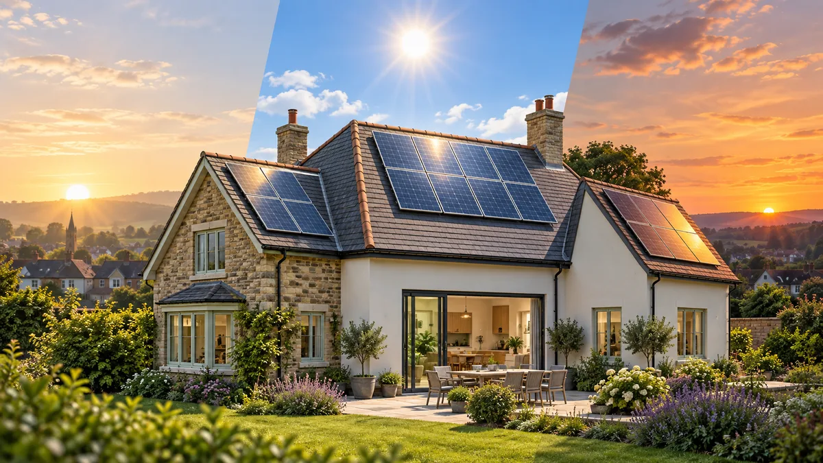 Solar panels on different roof faces receiving morning, midday and afternoon light.