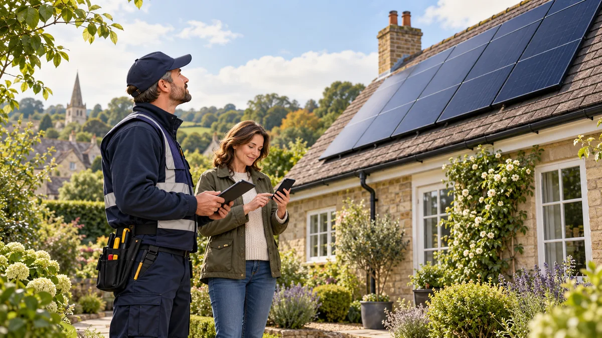 A solar technician carrying out a safe visual check from the ground.
