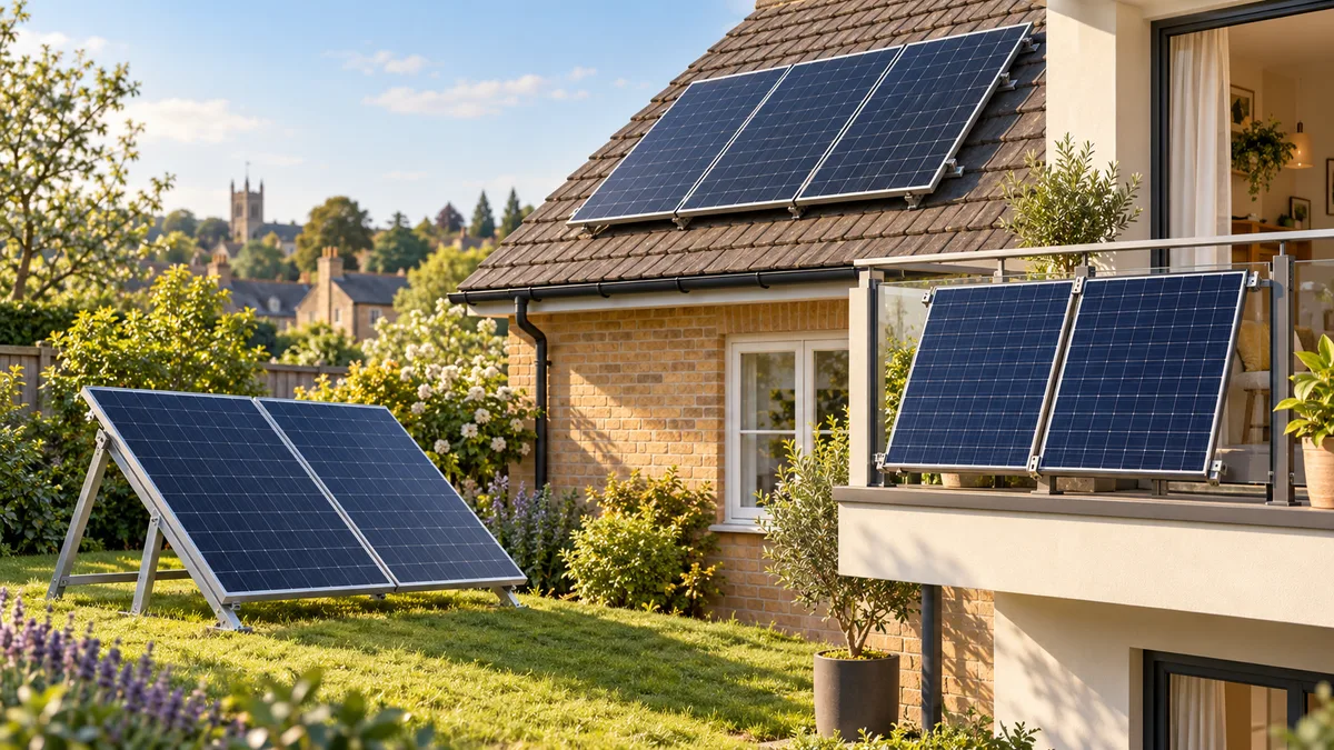 Garden, roof and balcony solar mounting arrangements compared side by side.