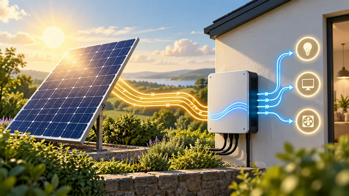 A solar panel and inverter shown with separate electricity flow paths.