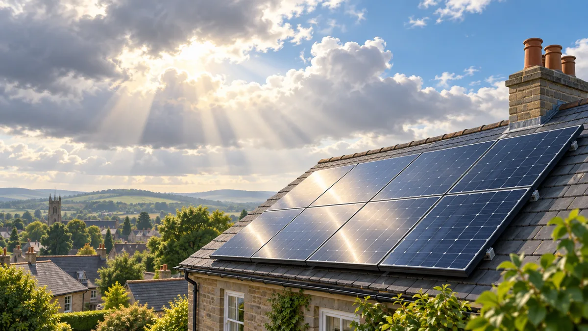 Daylight filtering through clouds onto solar panels on a UK home.