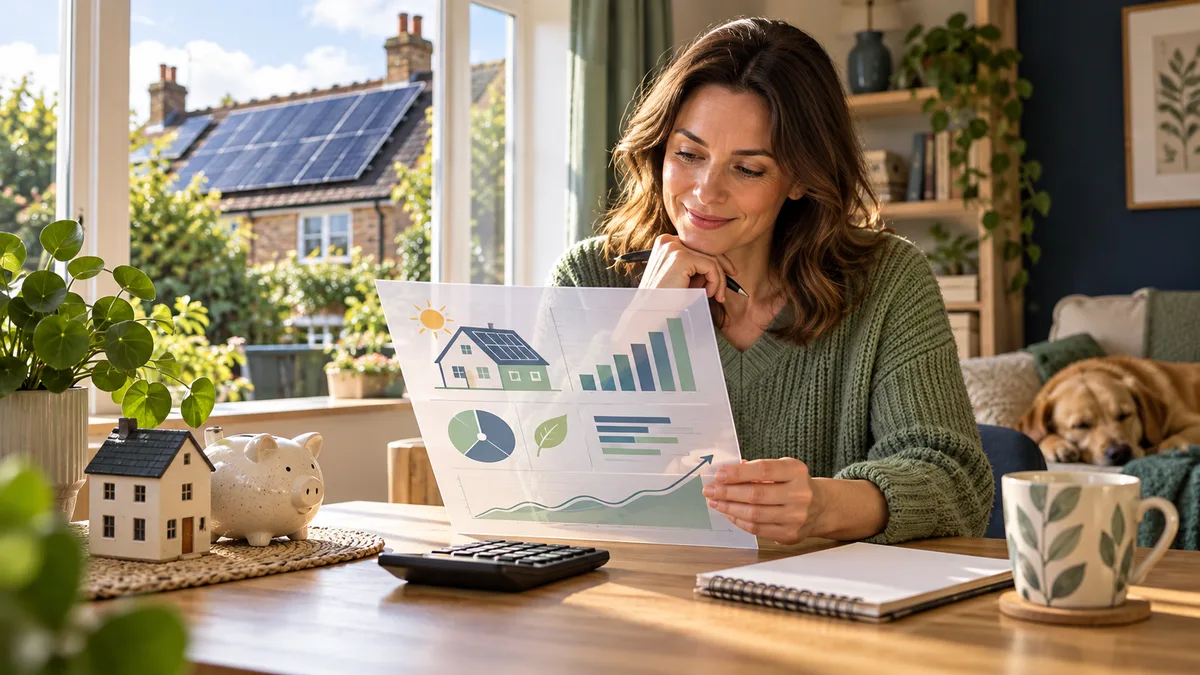 A homeowner reviewing solar cost and savings assumptions at a desk.