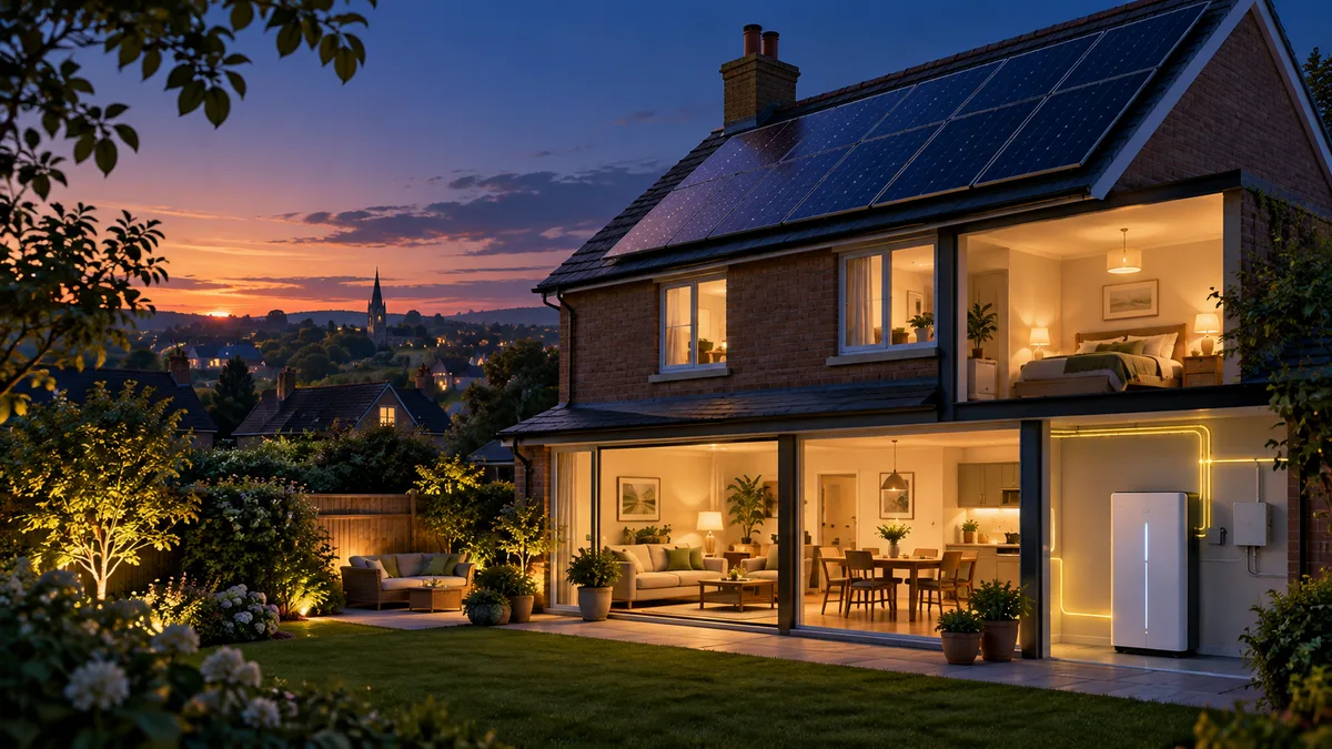 A home battery powering a warmly lit house at twilight beneath solar panels.