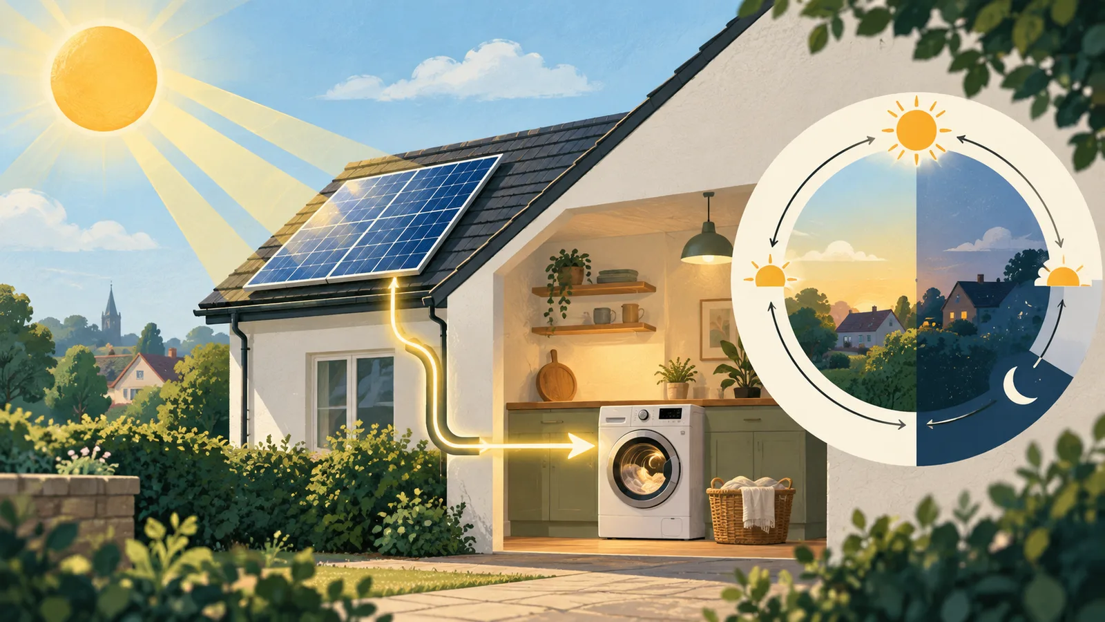 Solar panels supply daytime electricity to a home, with a day-and-night cycle shown beside it.