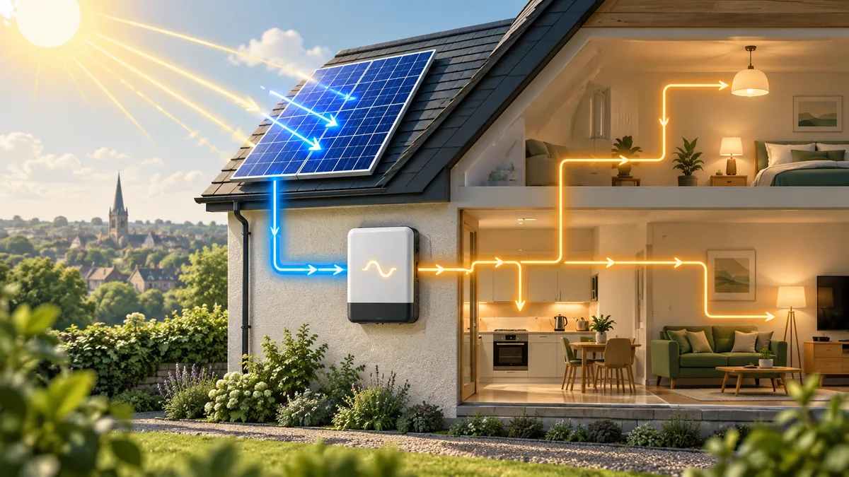 An illustrated energy path from a solar panel through an inverter into a home.